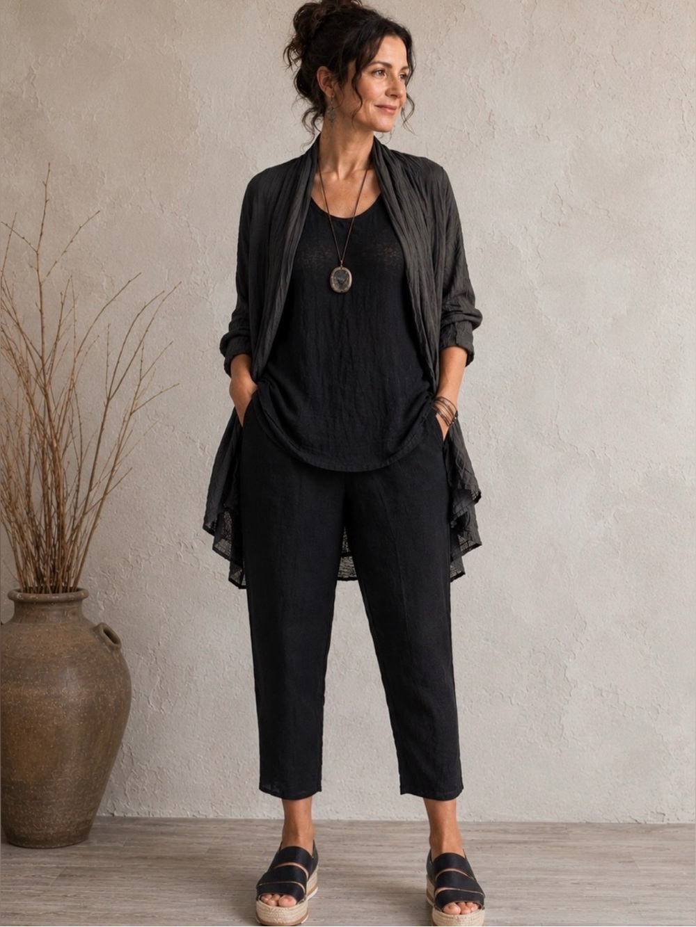 Flax Black Linen Cropped Pants Large